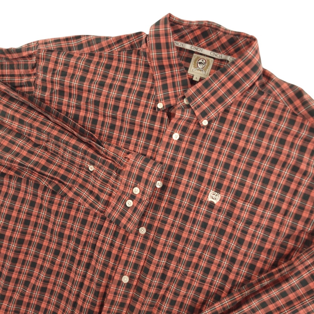 Cinch Shirt Mens L Red Plaid Long Sleeve Button Down Western Cotton Casual